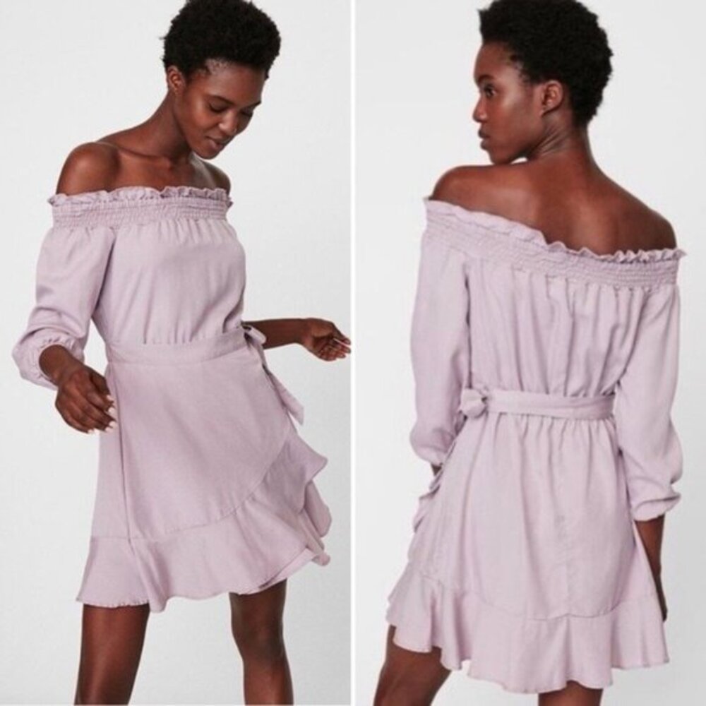 Express purple lavender off shoulder wrap mini dress Small‎ Petite